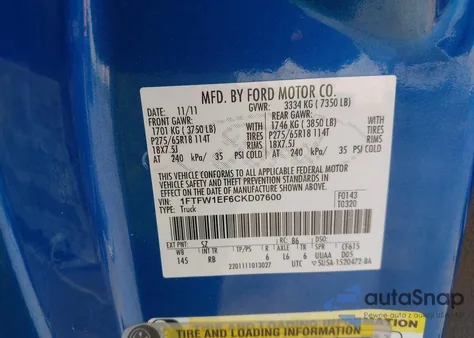 2012 Ford F-150 Fx4 from USA, damaged, VIN 1FTFW1EF6CKD07600